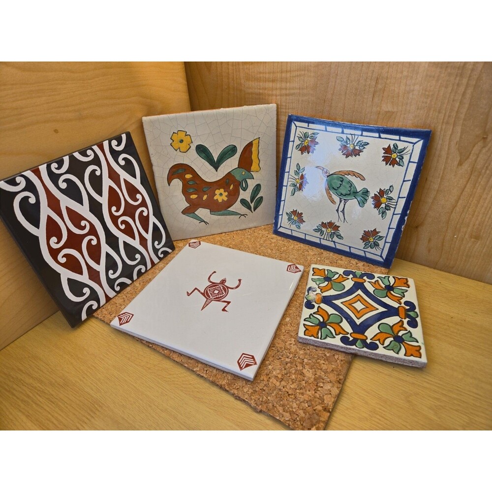 Kowhaiwhai Maori Pattern, Talavera Hand Painted Mexican Tiles Trivets Lot